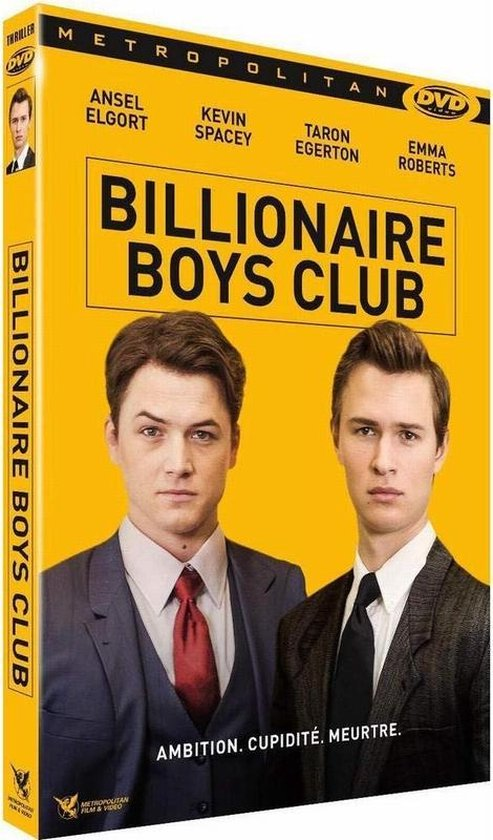 DVD-hoes van "Billionaire Boys Club" met twee mannen in pak. Gele achtergrond met tekst.