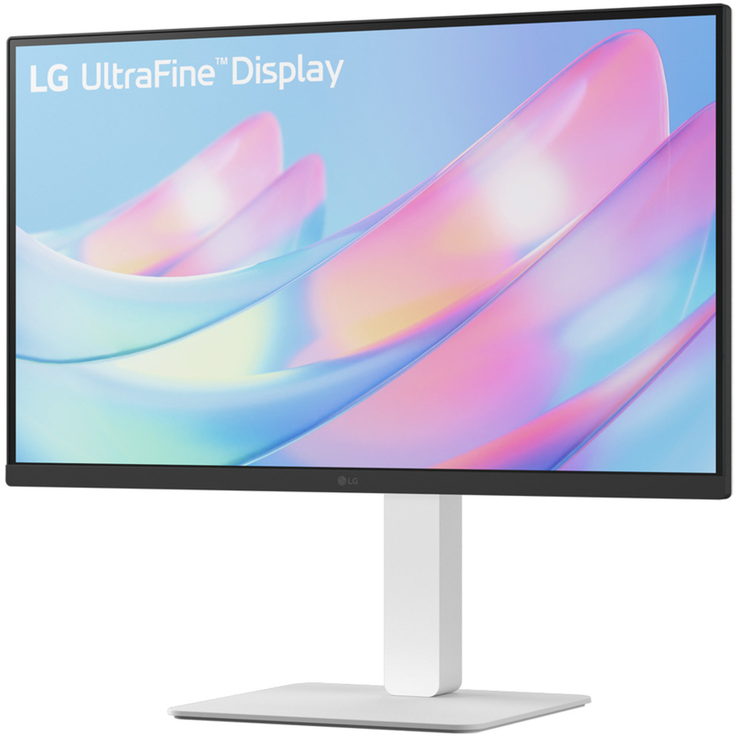 An LG UltraFine display. The screen shows colorful abstract shapes. The stand and base are white.