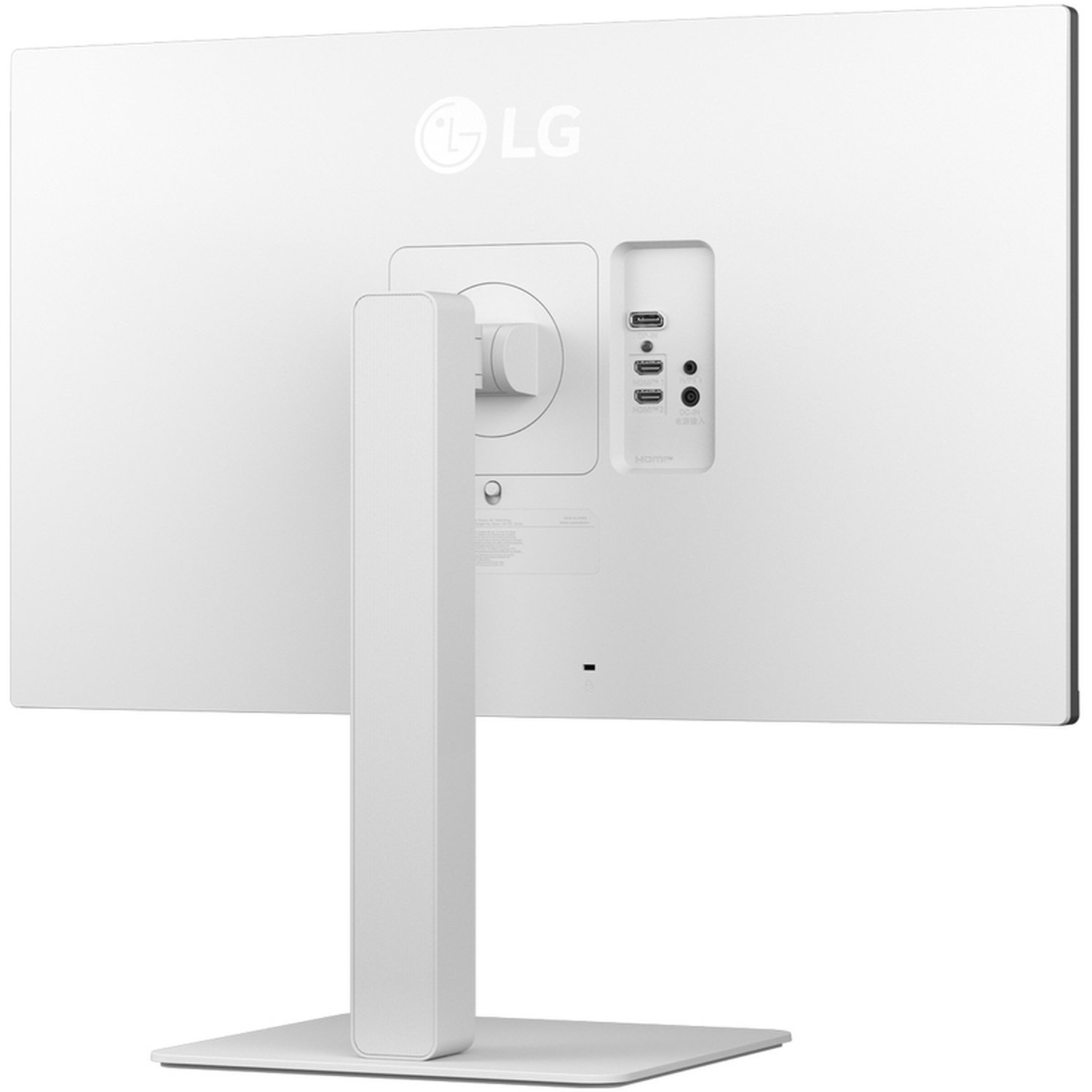 White LG monitor back view. Ports include HDMI, USB, and audio. A stand supports the screen. The LG logo is visible.
