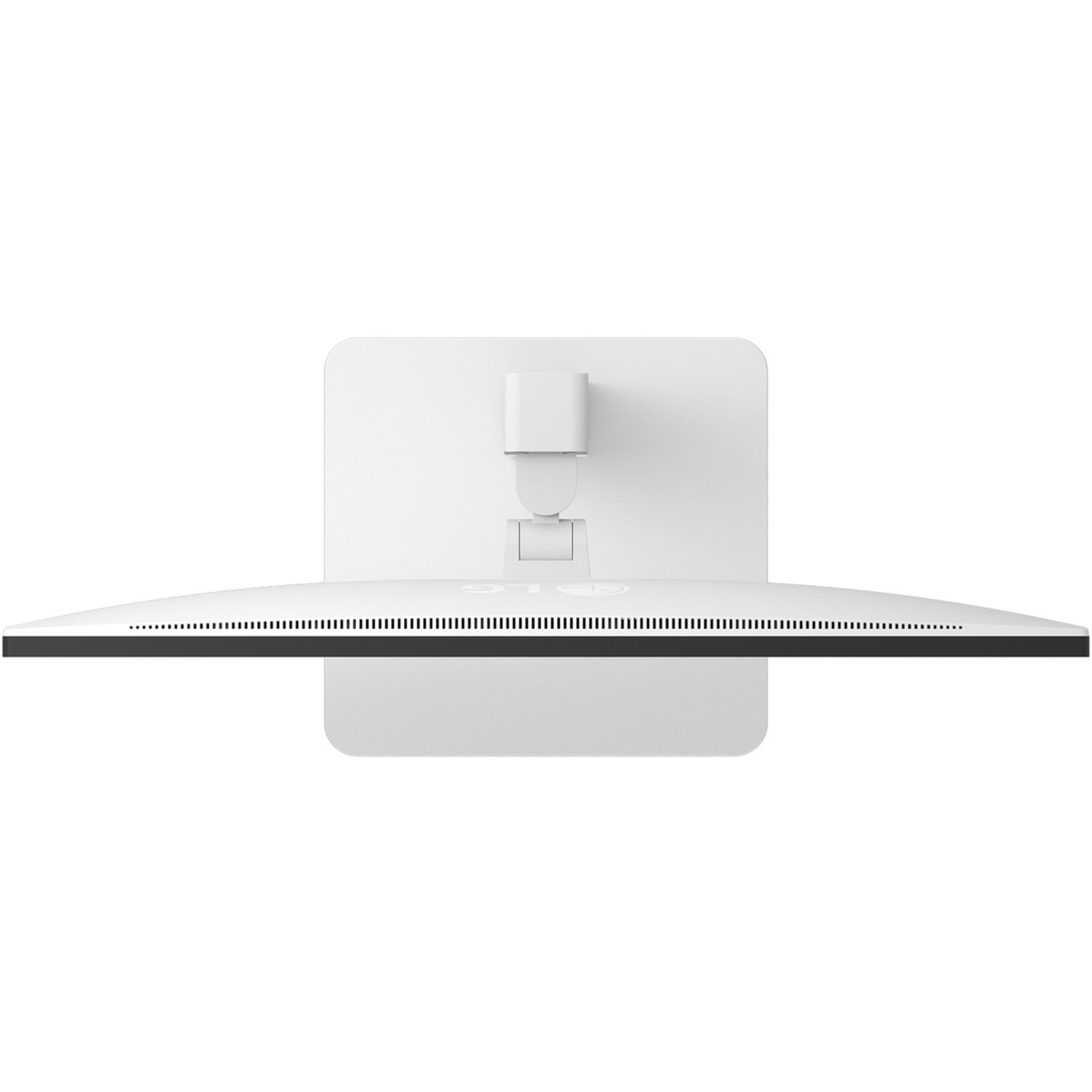 Top view of a white LG monitor. The screen is black, with a black border. The stand is also white.