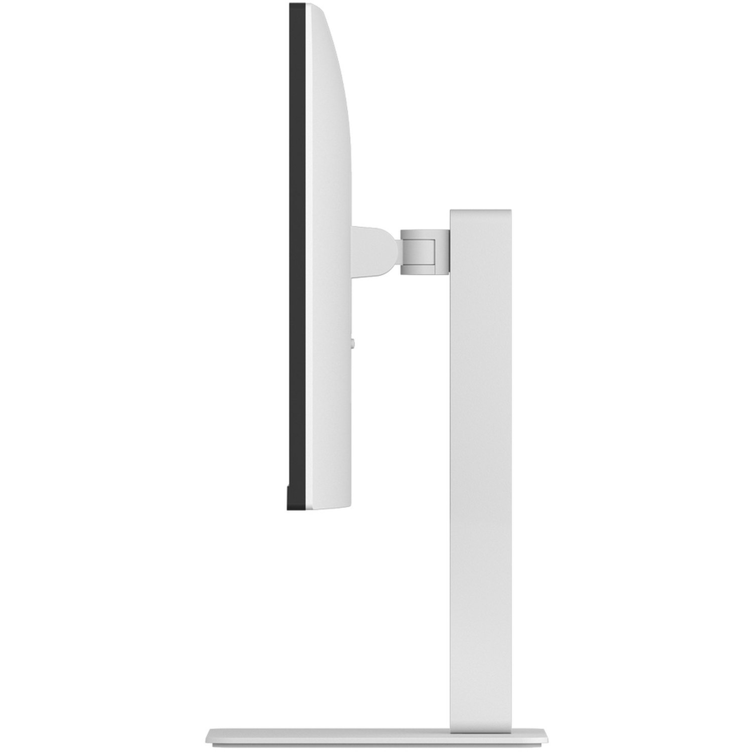 Side view of a white computer monitor. The screen is black. The stand and base are silver.