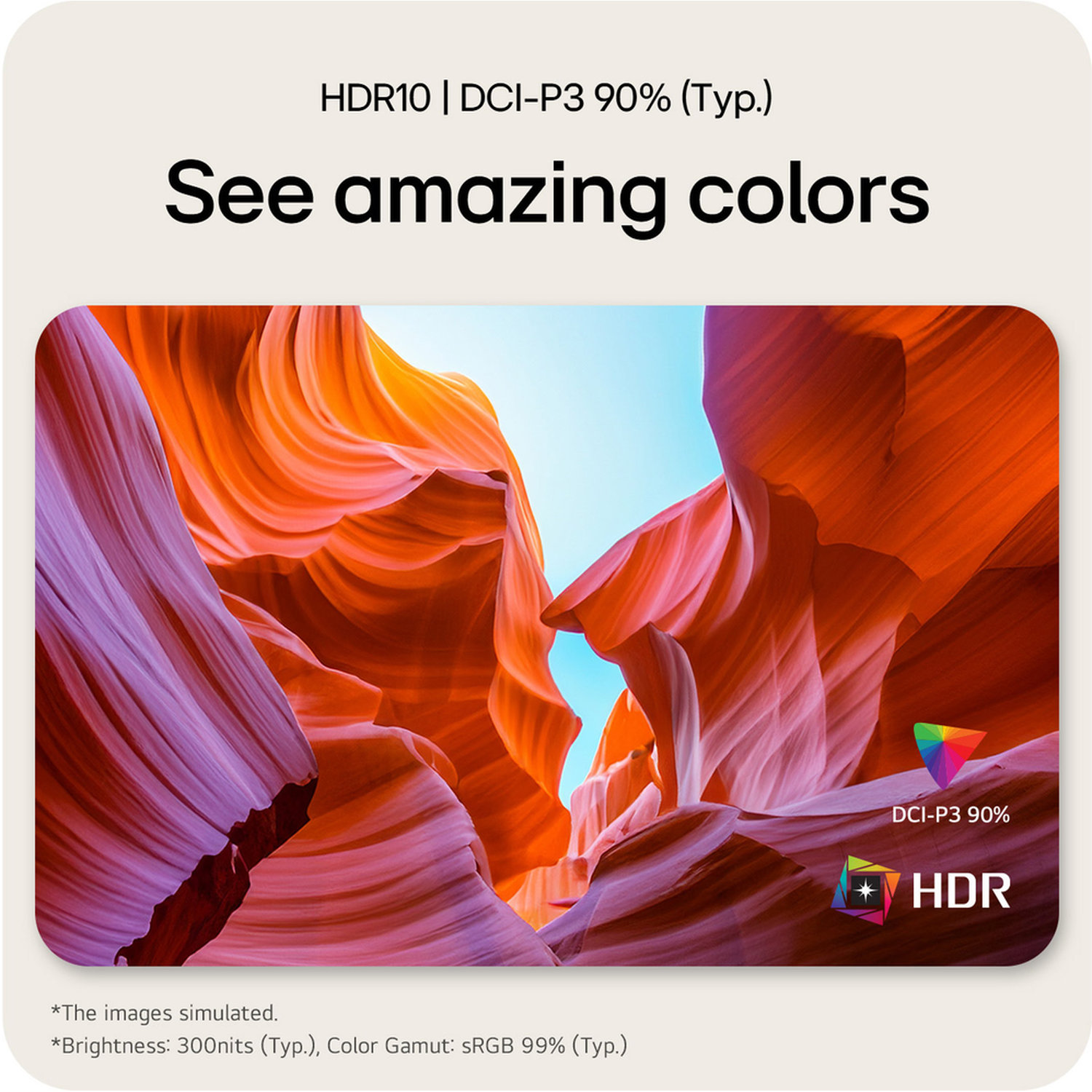 Image shows a canyon with orange and purple rock formations. Text reads 'See amazing colors' and mentions HDR and DCI-P3.