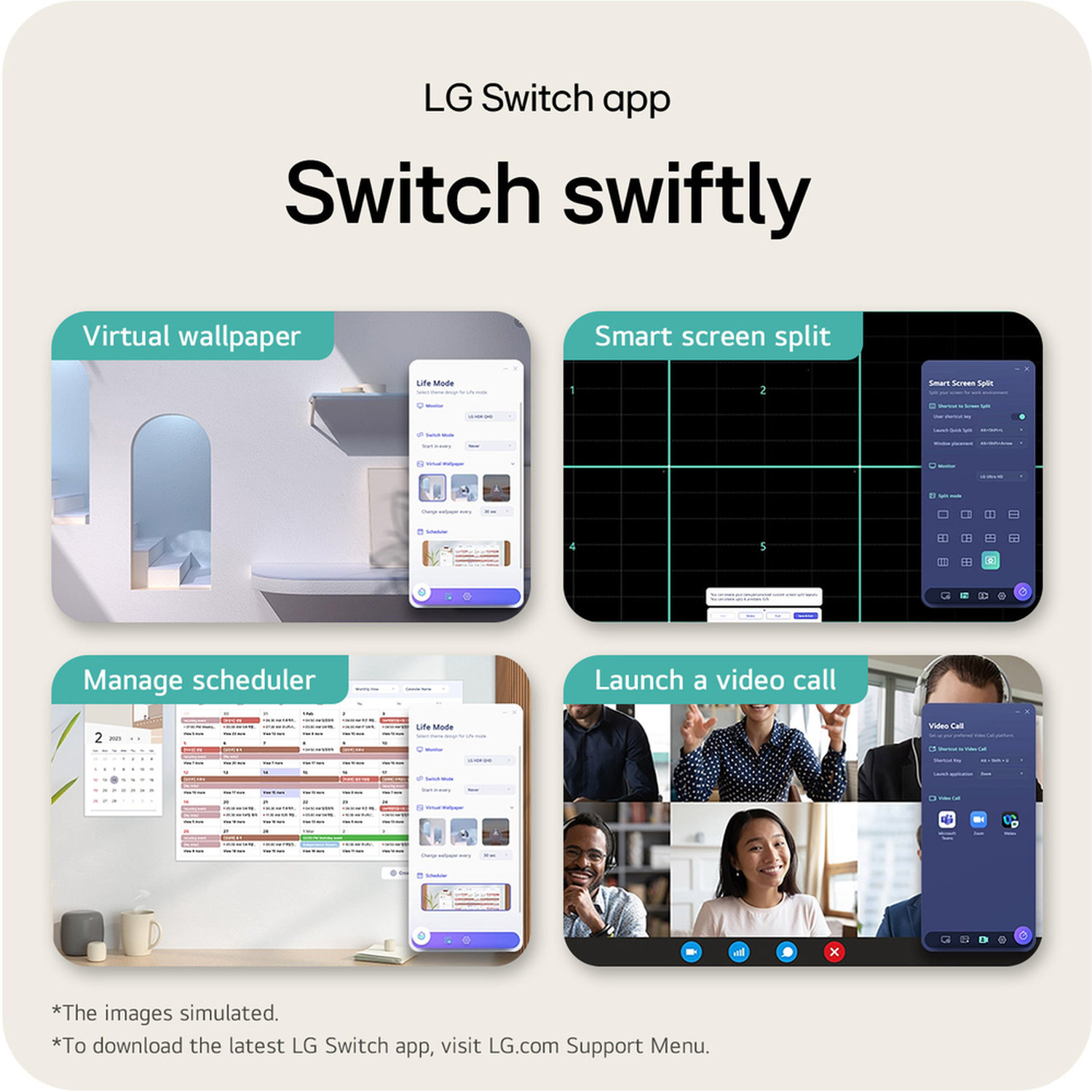 The LG Switch app showcases features: virtual wallpaper, smart screen split, manage scheduler, and launch a video call with people.