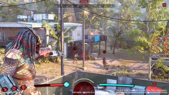 Ein Predator zielt mit einer Waffe in einer Dschungelumgebung, Spielszene.