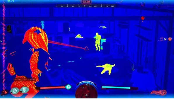 Eine Videospielszenen in Wärmebild. Spieler sind orange und gelb hervorgehoben.