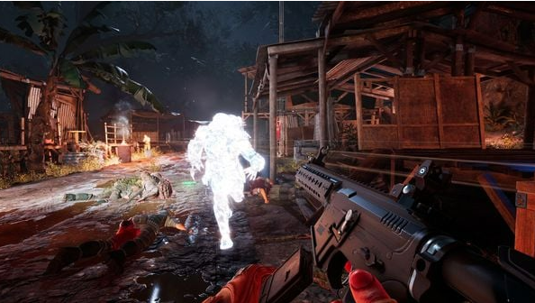 Ego-Perspektive eines Shooter-Spiels. Eine leuchtende Figur rennt auf den Spieler zu.