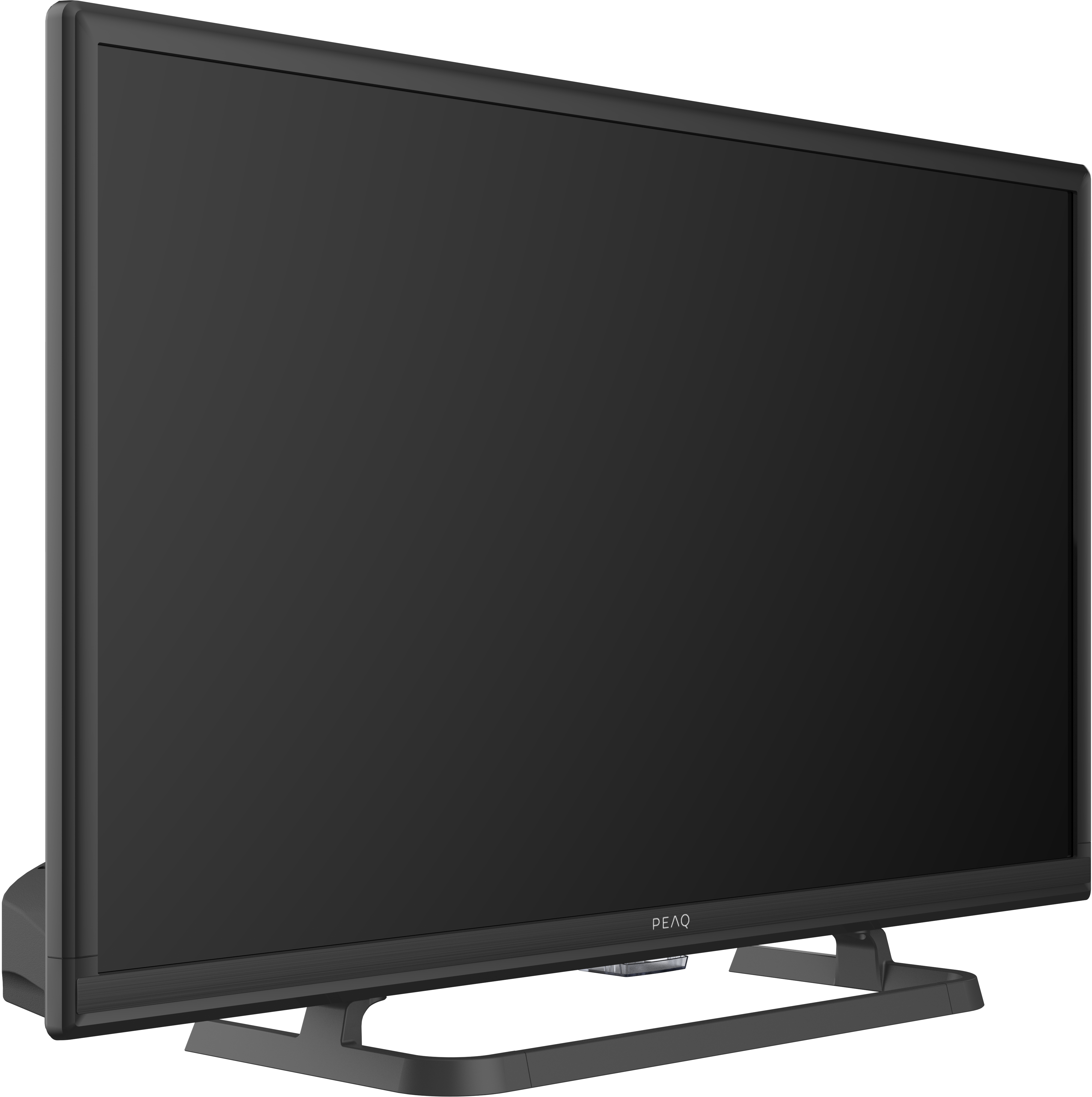 Schwarzer Fernseher. Schräge Ansicht. Display aus. Grauer Rahmen und Ständer. PEAQ-Logo unten.
