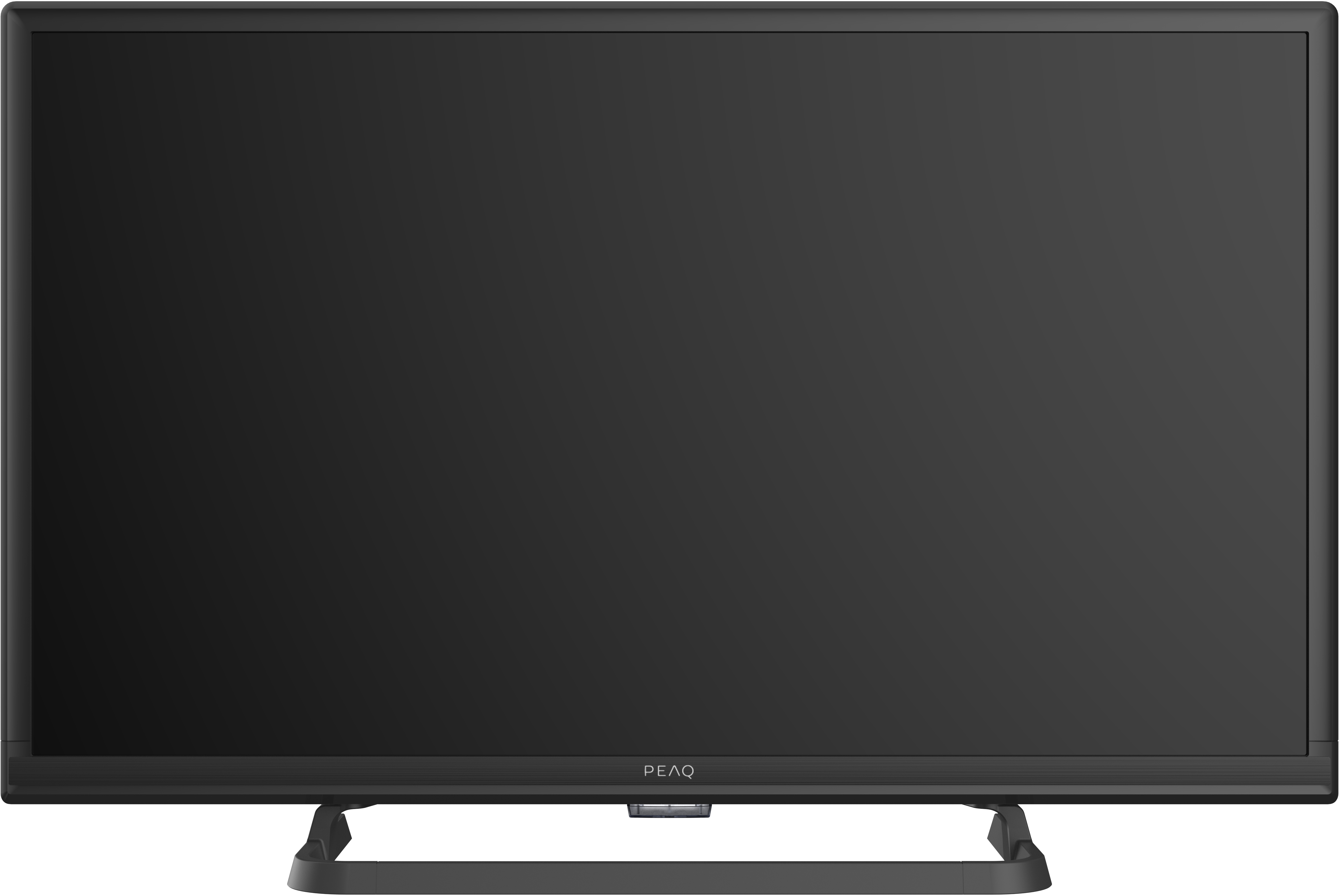 Schwarzer Flachbildfernseher mit PEAQ-Logo mittig unten.