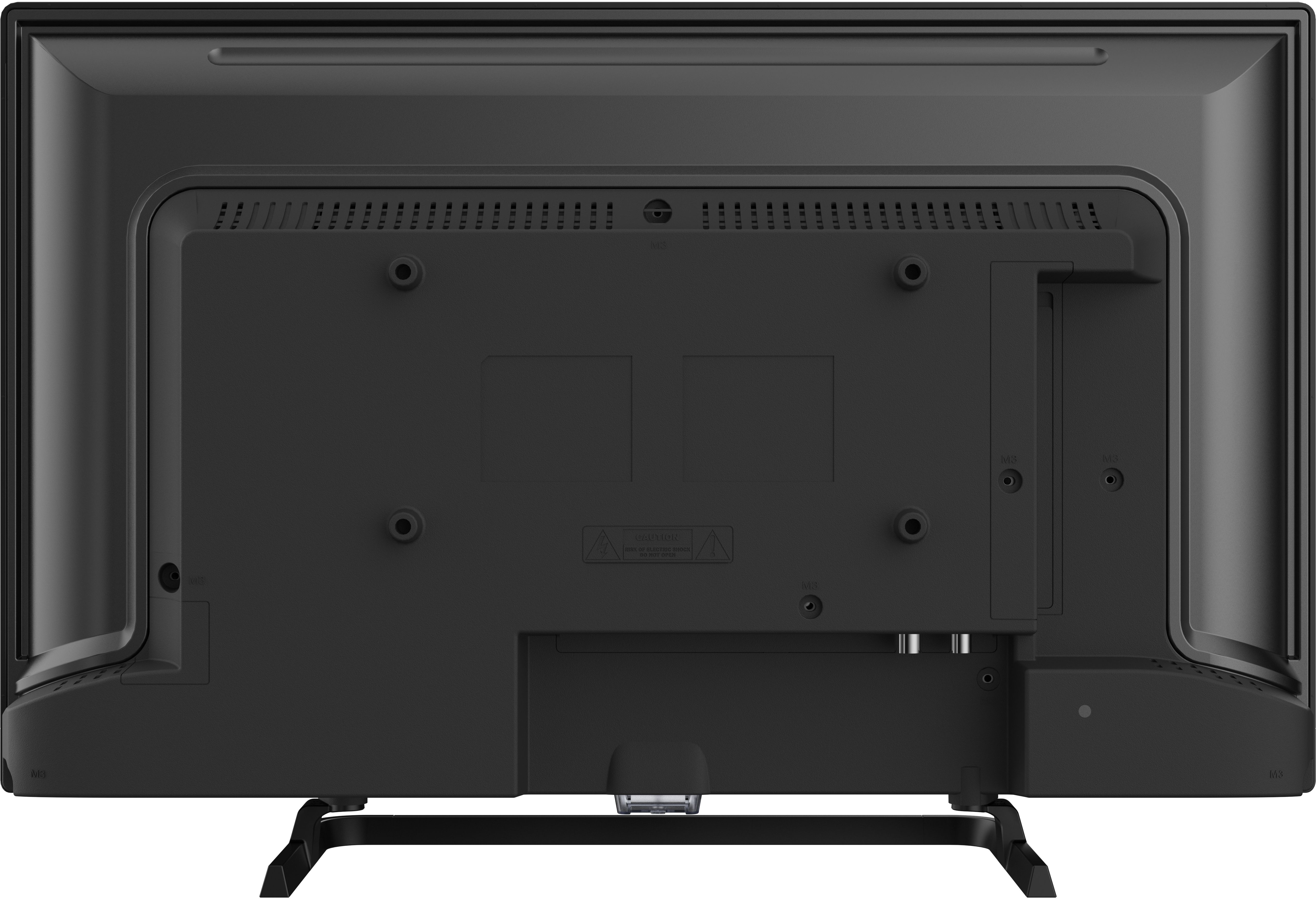 Rückseite eines schwarzen Fernsehers mit Anschlüssen und Ständer, Rückwand.