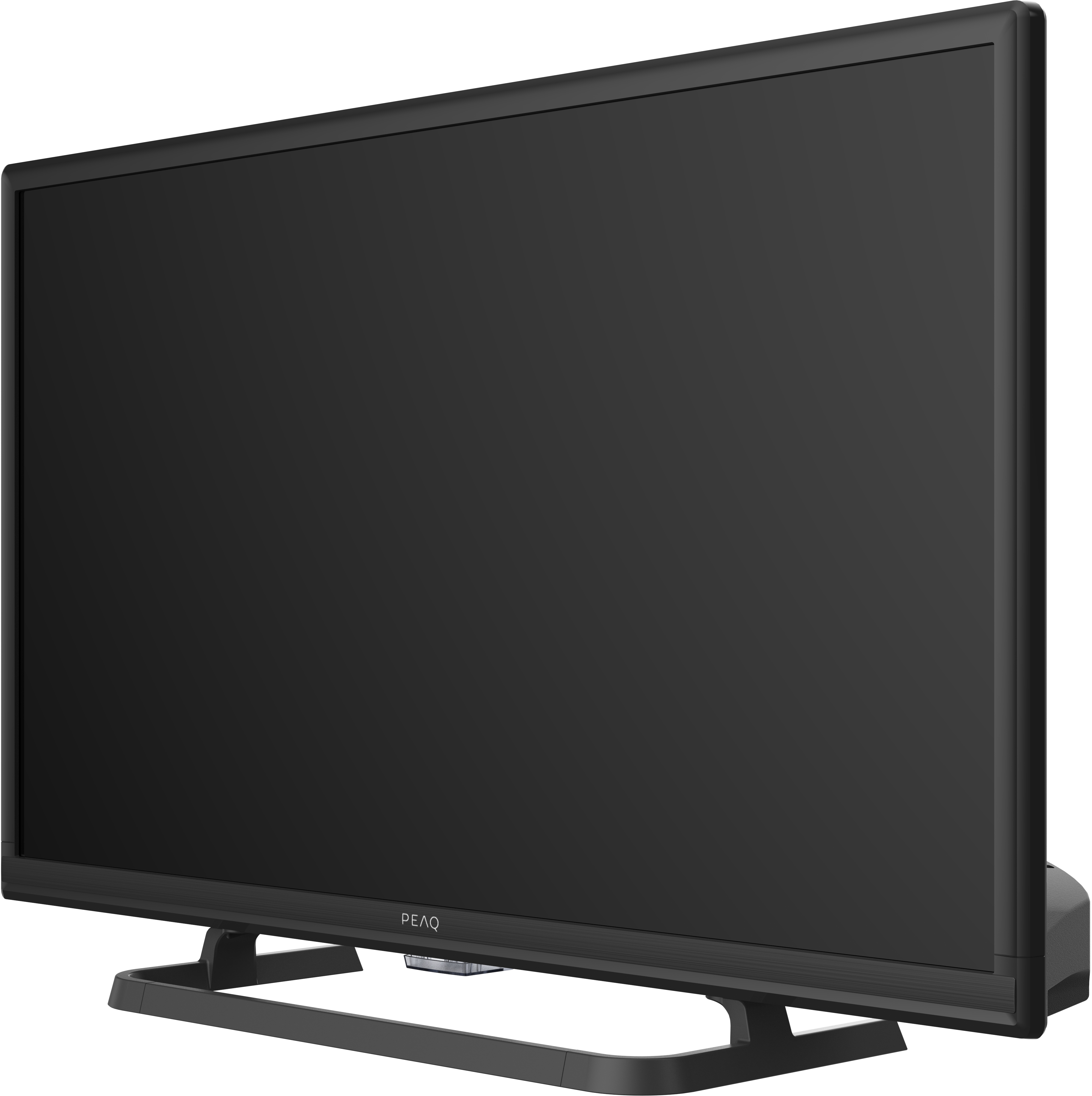 Schwarzer Flachbildfernseher. Schwarzer Rahmen, schwarzer Bildschirm. Dunkler Ständer.