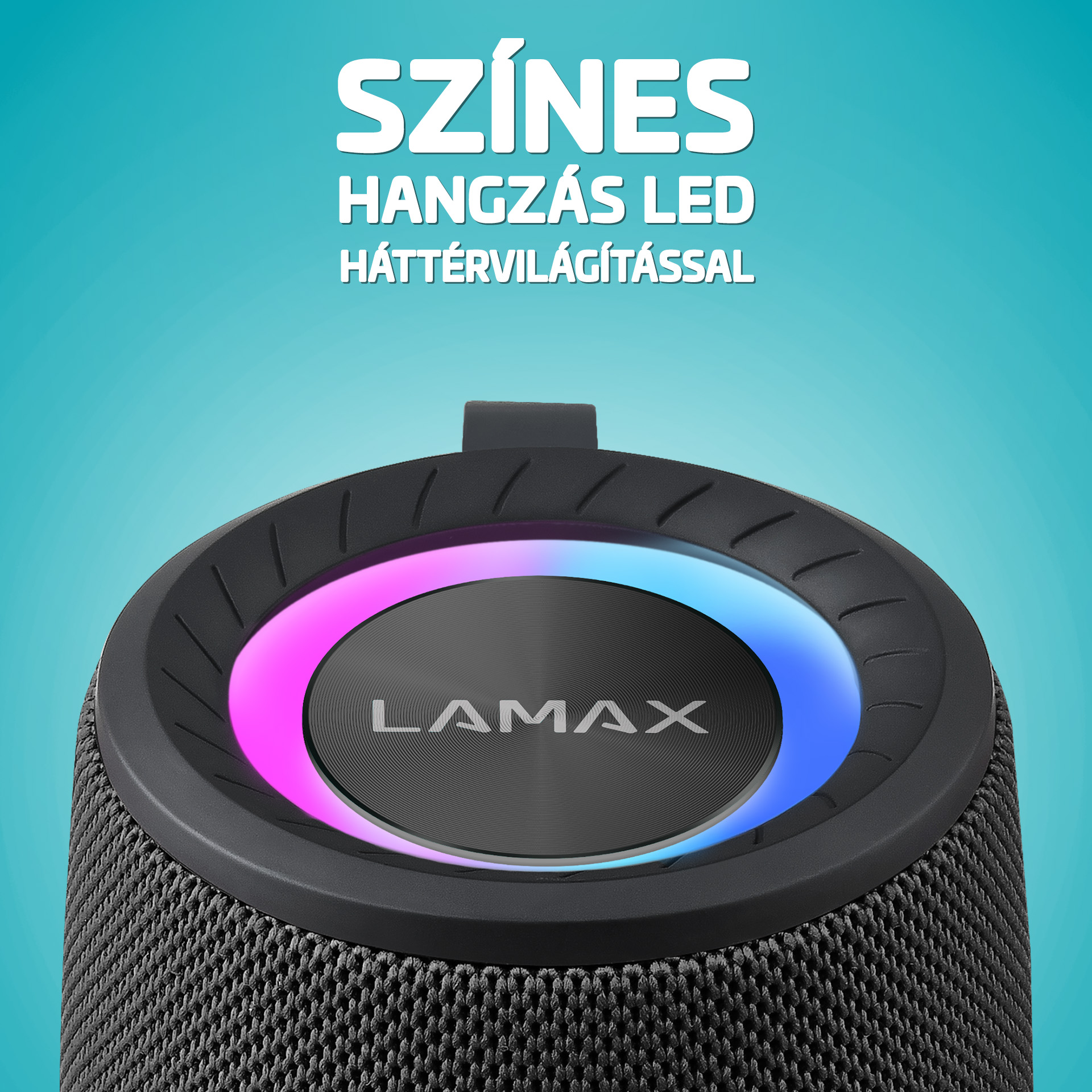 Fekete hangszóró fogantyúval, színes lámpákkal, ikonokkal. A szöveg: '50W', '20H' és 'True Wireless Stereo'.