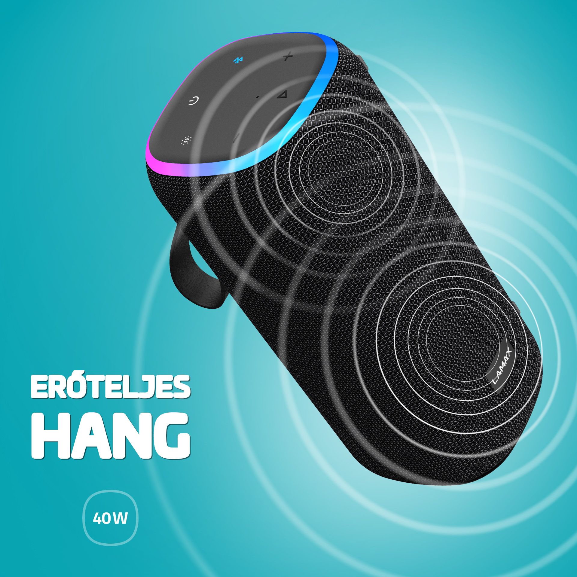 Egy fekete hangszóró fogantyúval, kék körökkel körülvéve. A szöveg a 'ERŐTELJES HANG' és a '40W'.