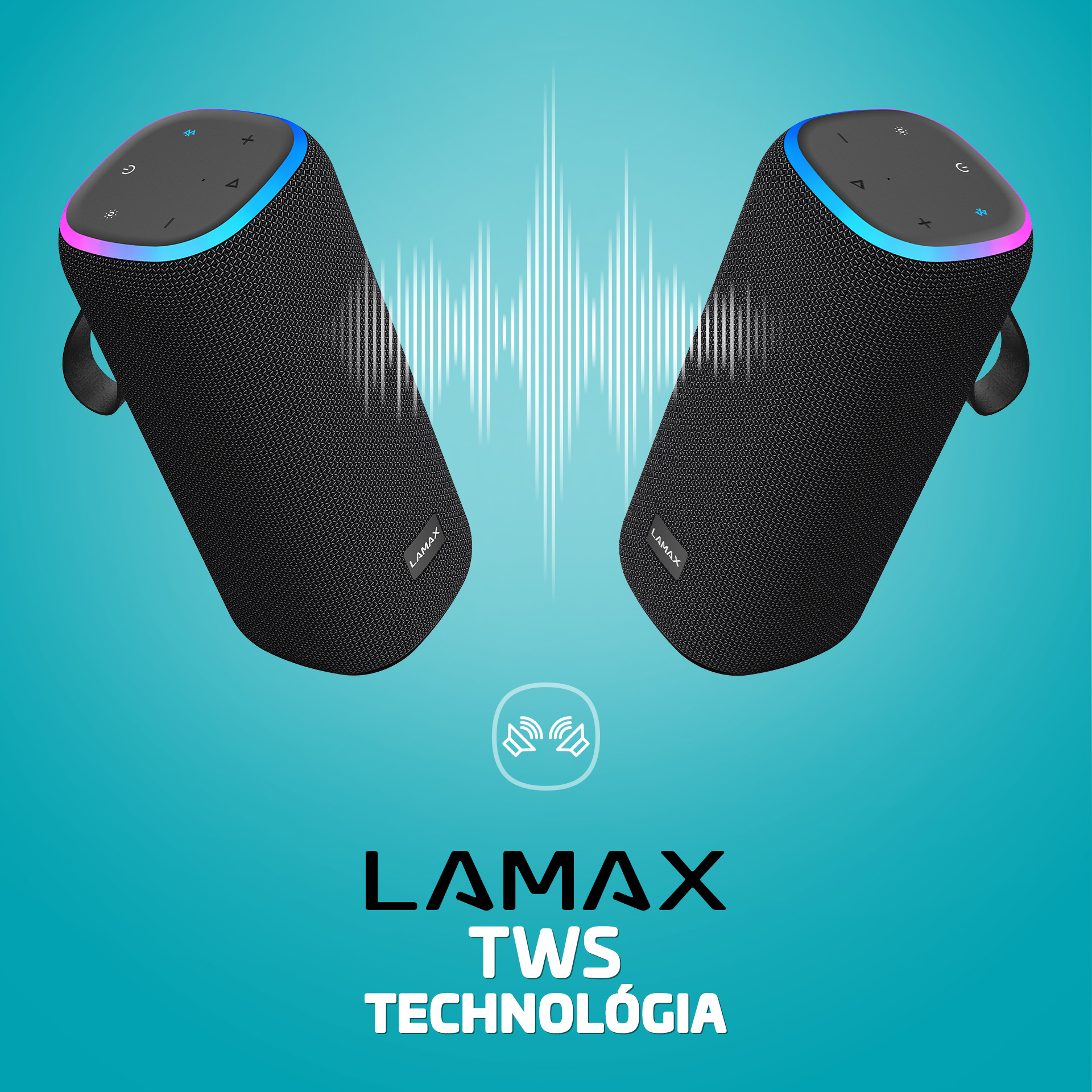 Két fekete Lamax hangszóró. A hangszórók hálós textúrájúak. Felirat: Lamax TWS Technológia.