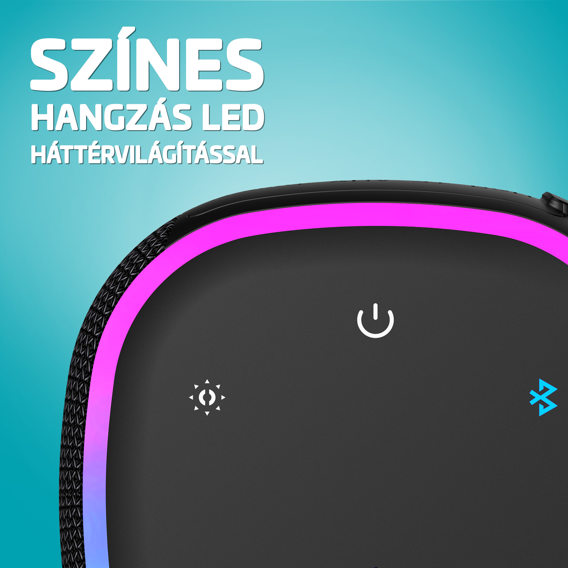 Fekete hangszóró közelképe színes fénycsíkkal. Bekapcsolás és bluetooth szimbólumok.