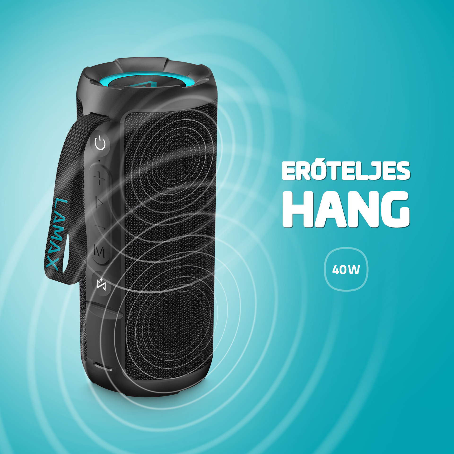 Fekete és kék hengeres hangszóró 'ERŐTELJES HANG' és '40W' felirattal.