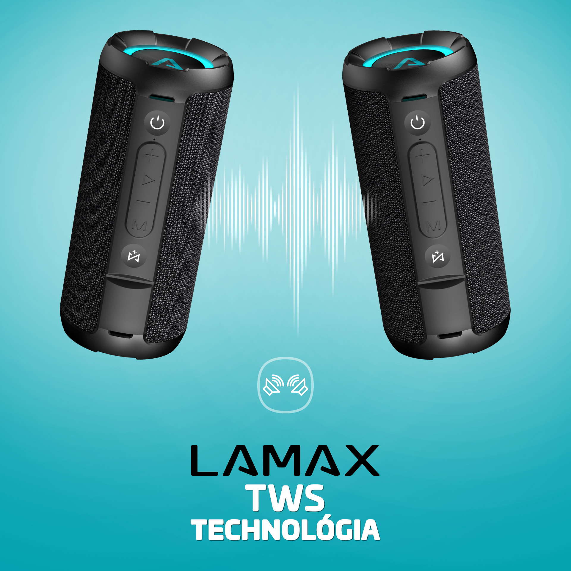 Két fekete, kék díszítésű hengeres hangszóró. Látható a 'LAMAX' és a 'TWS TECHNOLÓGIA' felirat is.