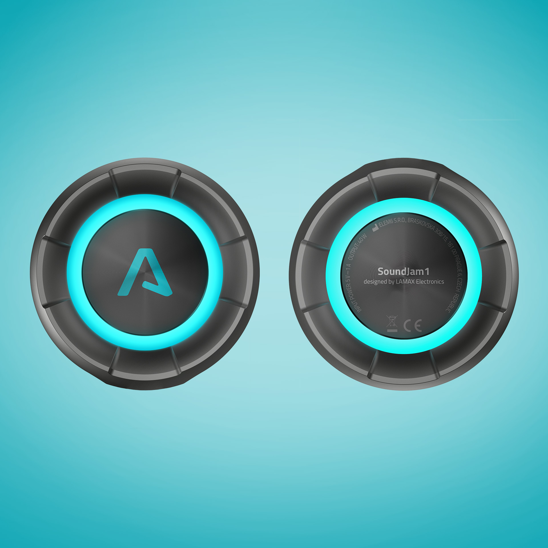 Fehér-rózsaszín hangszóró fogantyúval, színes lámpákkal, mikrofon, LED és Bluetooth ikonokkal.