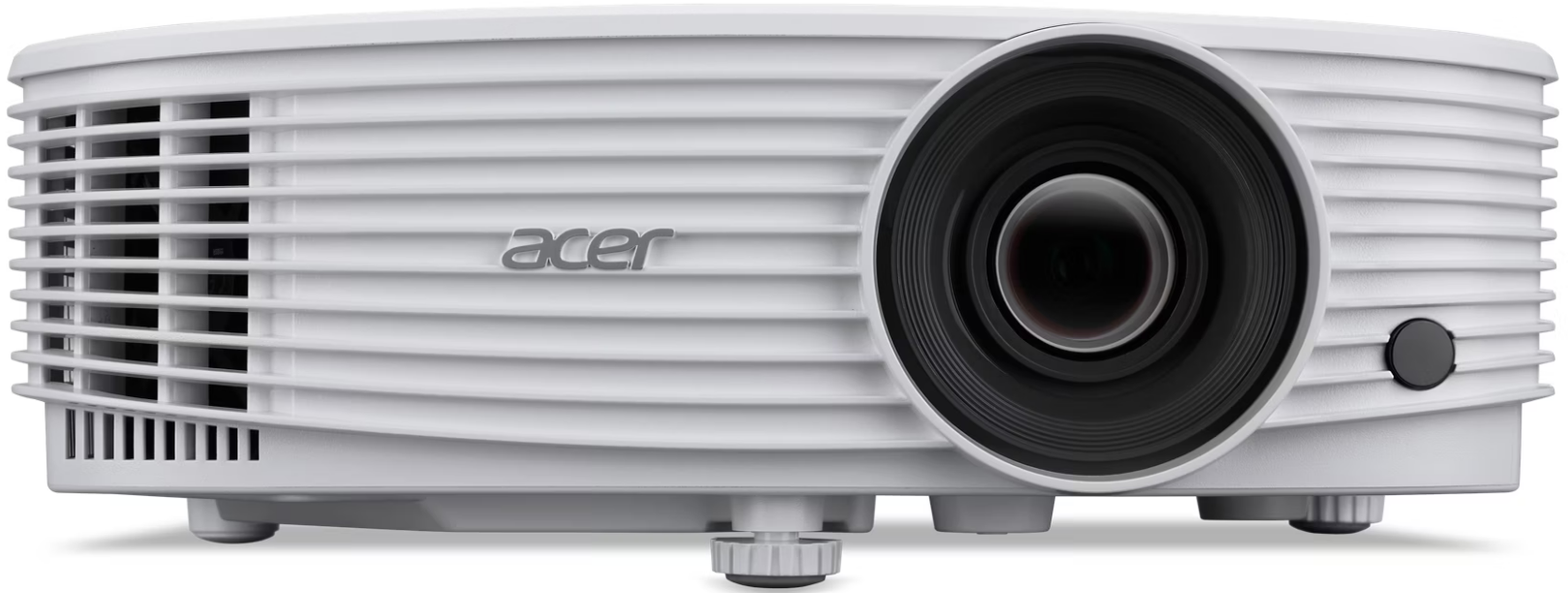 Fehér projektor lencsével és Acer márkával. A kép az elejét mutatja.