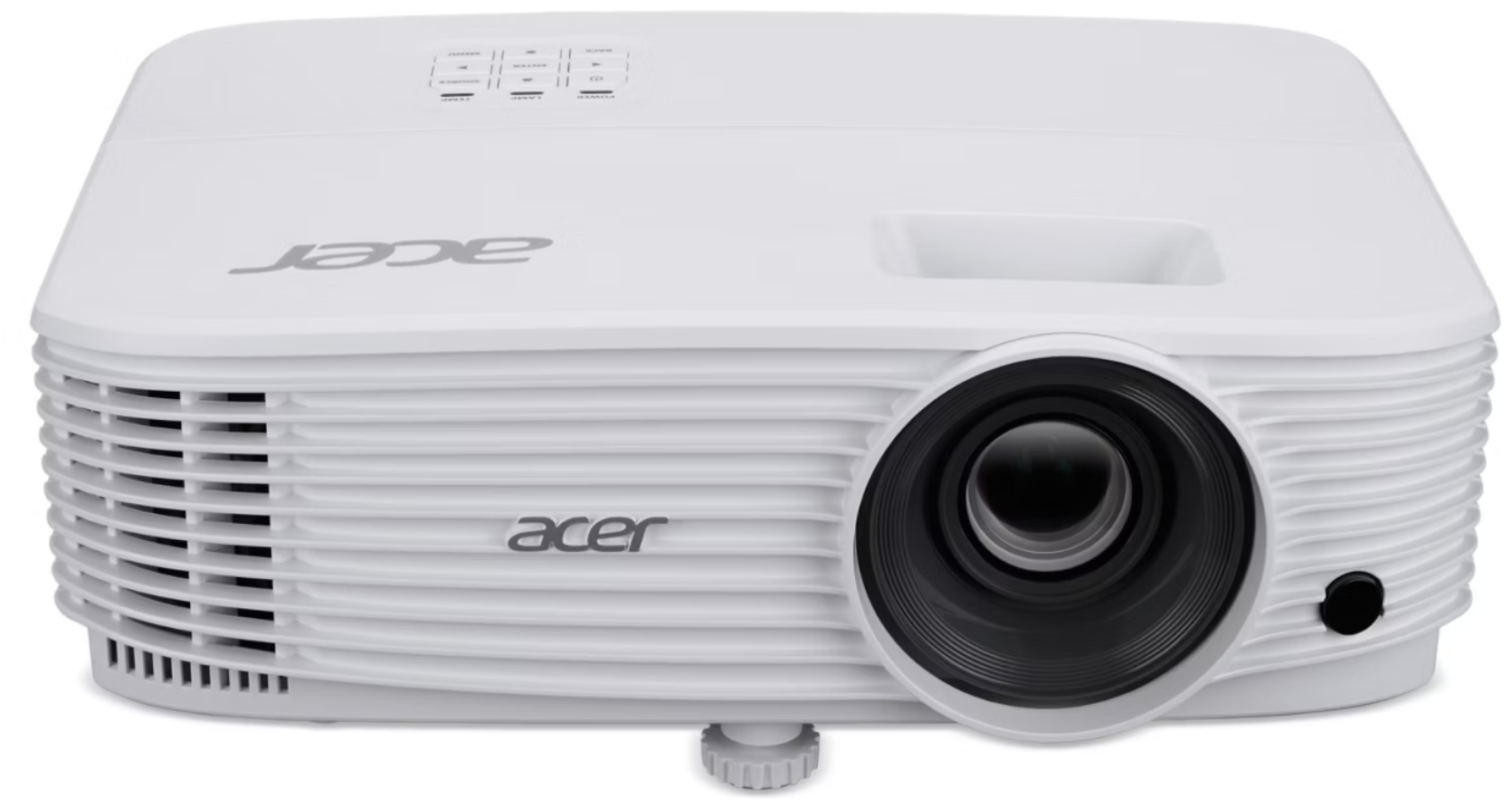 Fehér Acer projektor. Nagy lencse elöl. Az Acer logó látható.