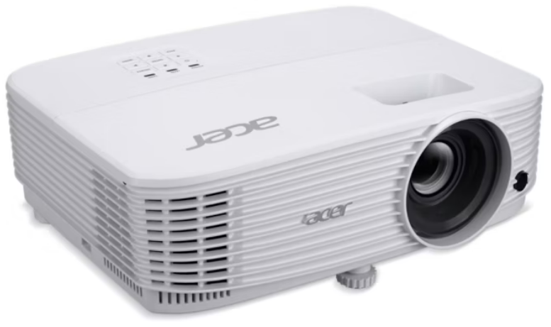 Egy fehér Acer projektor fehér háttéren, az Acer logóval az elején.