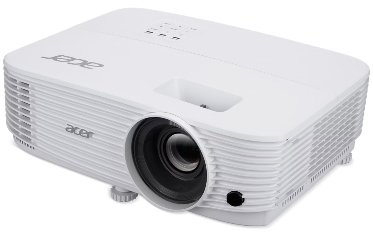Fehér Acer projektor, lencsével és a látható Acer logóval.