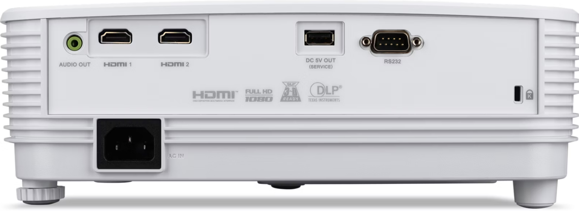 Fehér projektor hátulja több porttal, beleértve a HDMI-t, audio kimenetet és a bemenetet.