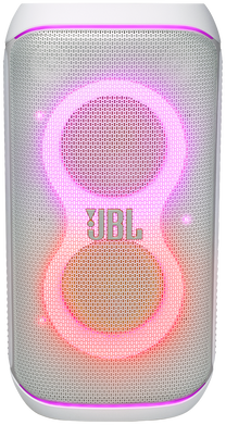 Fehér hangszóró fehér oldallal és átlátszó panellel. Látható a JBL logó.