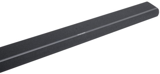 Hosszú, fekete soundbar ezüst csíkkal, fehér háttér előtt.