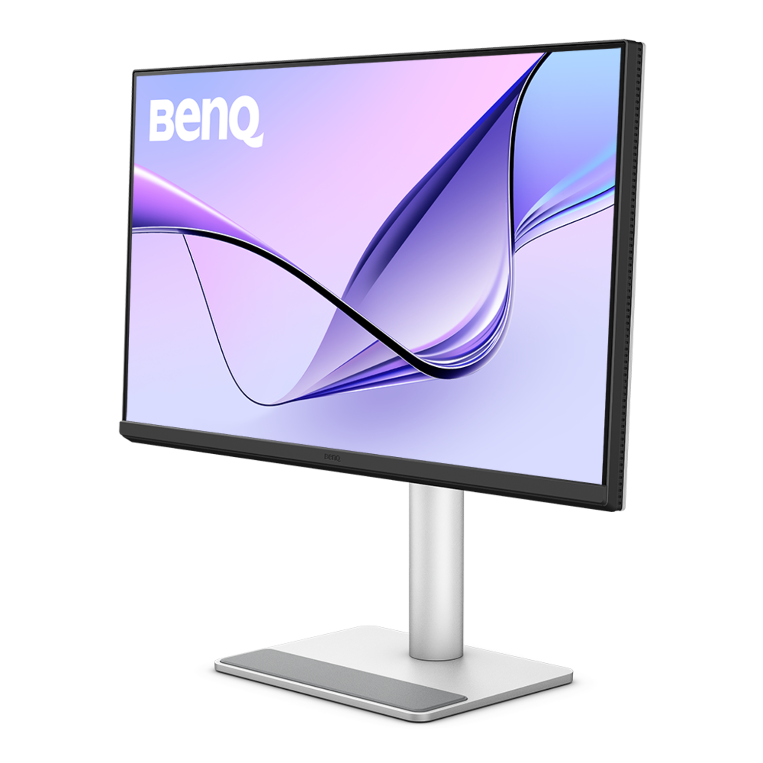 Moniteur BenQ sur pied blanc, avec écran incurvé.