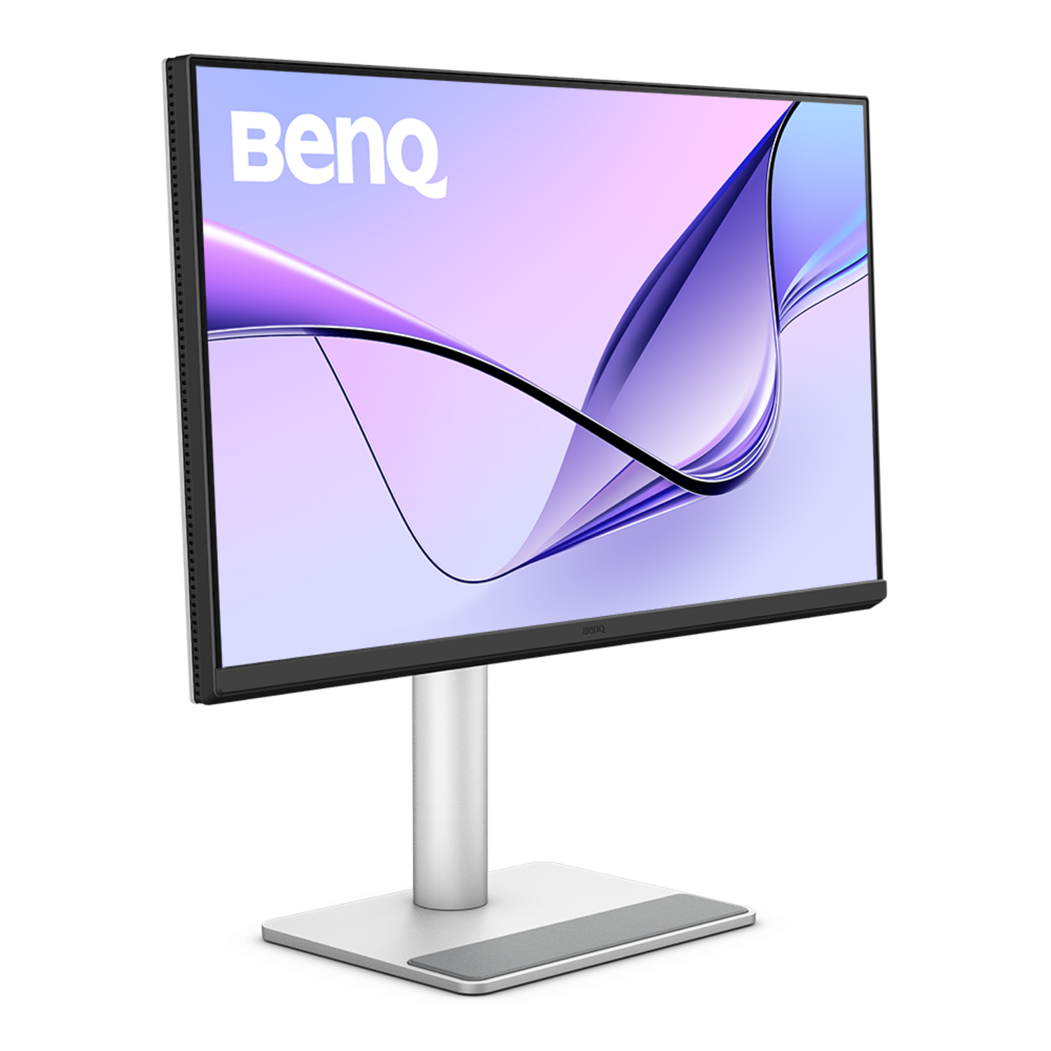 Un moniteur d'ordinateur BenQ avec une fine lunette, un support blanc et un arrière-plan violet clair et blanc.