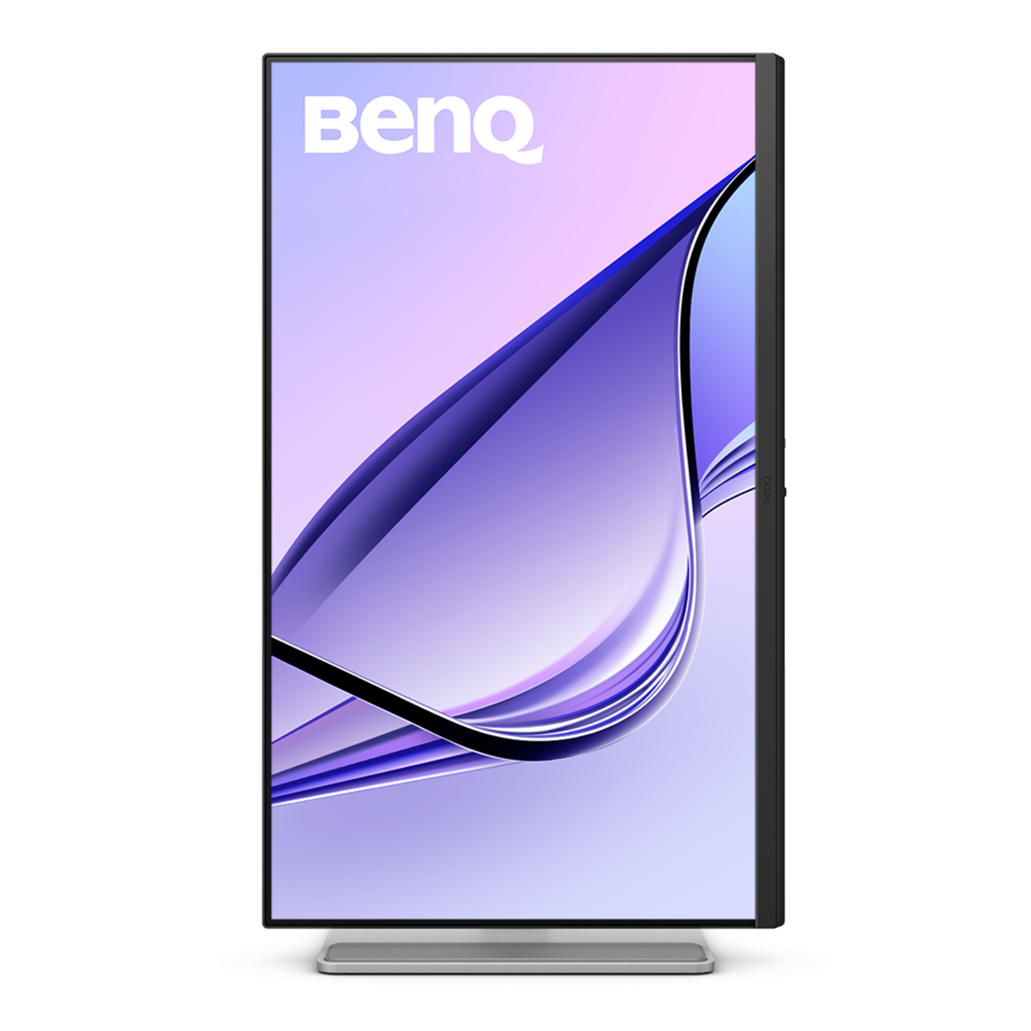 Un moniteur BenQ vertical avec un design incurvé, sur fond sombre.