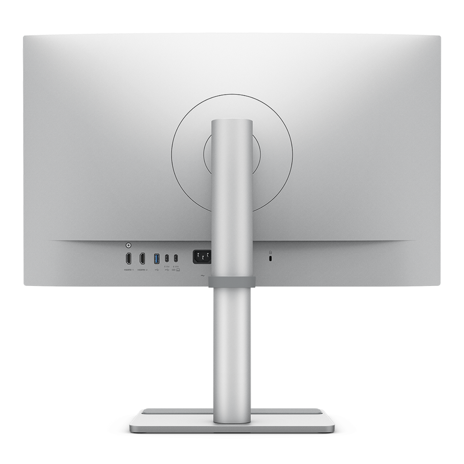 Vue arrière d'un moniteur, avec un support. Comprend divers ports et un support.