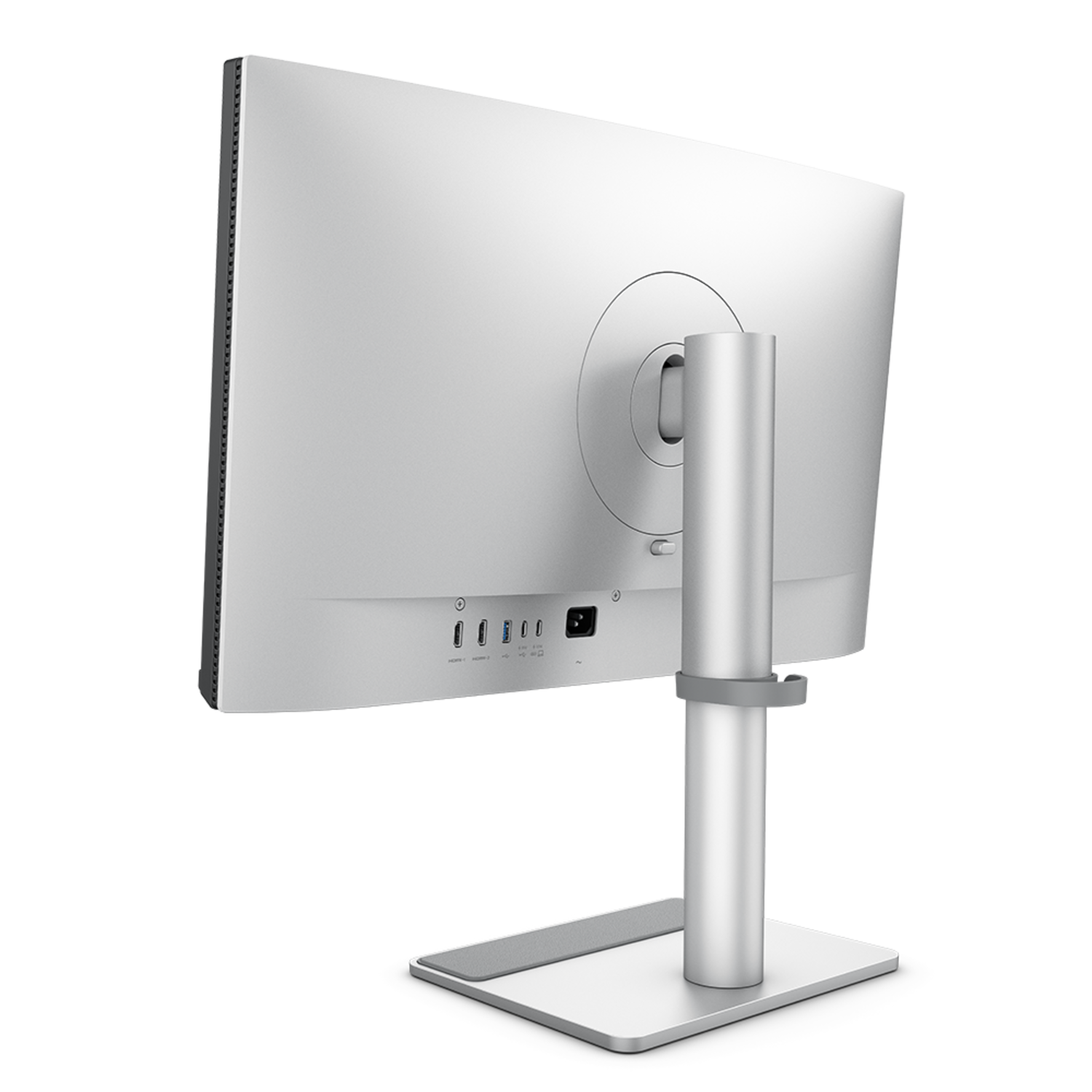 L'arrière d'un moniteur d'ordinateur argenté avec des ports et un support, sur fond noir.