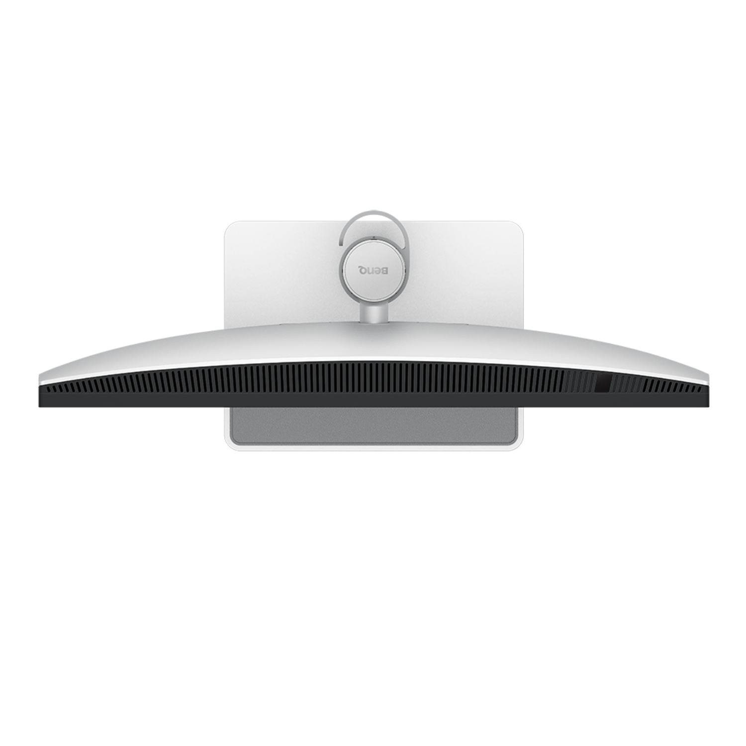 Vue de dessus d'un moniteur d'ordinateur blanc incurvé avec une base argentée et une bordure noire.