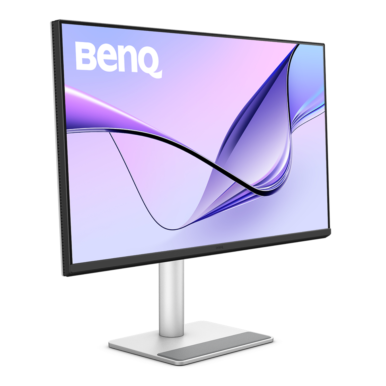 BenQ computermonitor op een witte standaard. Paarse achtergrond met witte BenQ-tekst.
