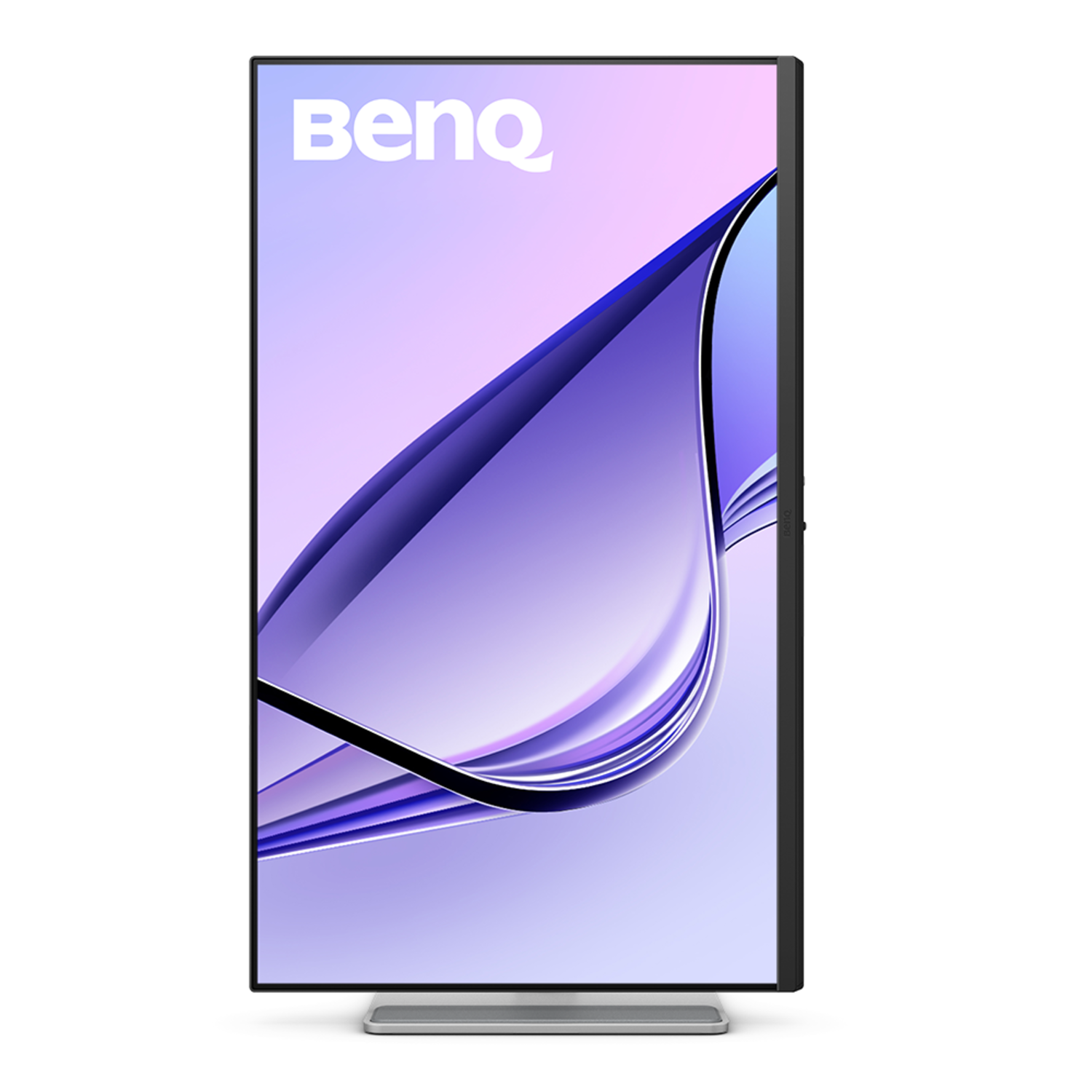 Een grote BenQ-monitor met een gebogen scherm met een abstract paars en wit ontwerp.
