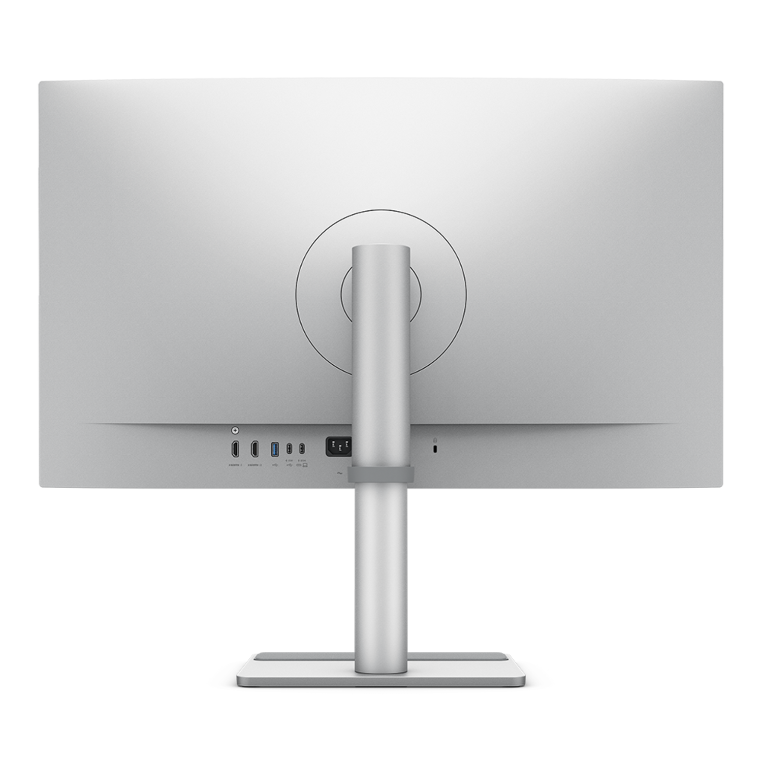 Achterkant monitor, zilver, poorten en standaard, zwarte achtergrond, strak design.
