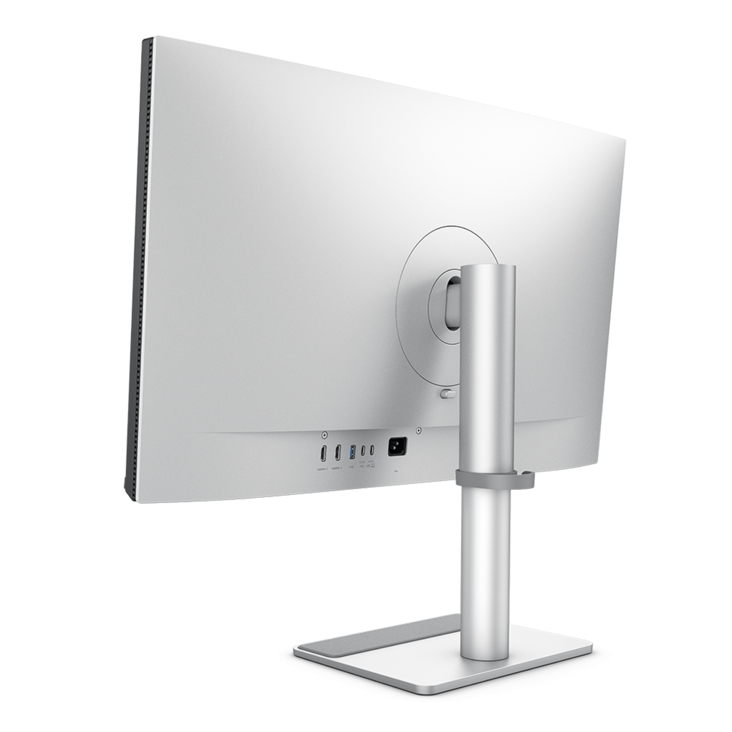 Achterkant van een witte monitor. Toont poorten en standaard met zilveren voet.