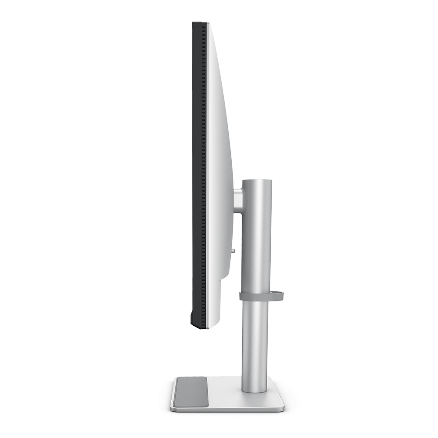 Zijaanzicht van een zilveren computermonitor op een zilveren standaard, zwarte achtergrond.