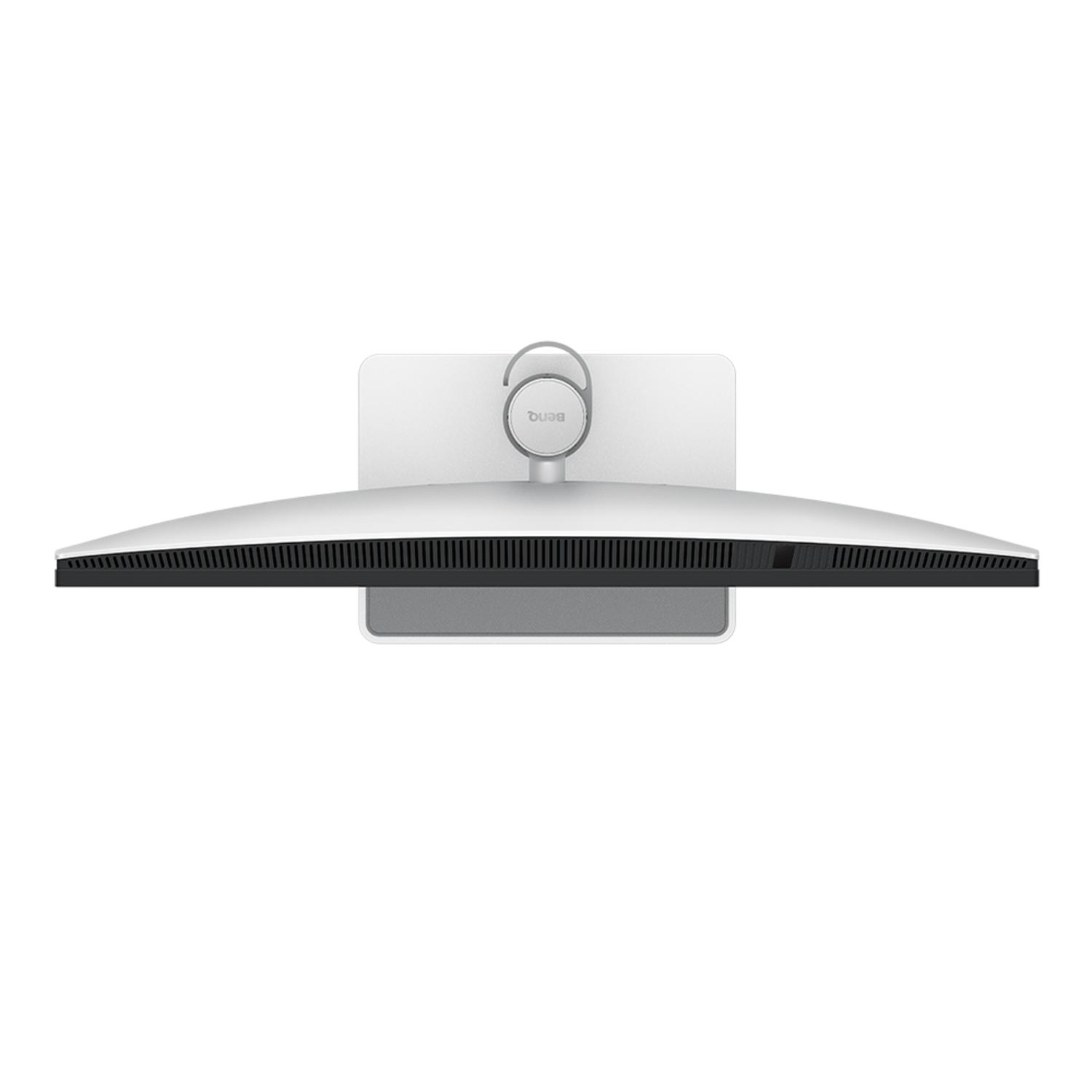Een brede, gebogen computermonitor, van bovenaf. Hij is wit met een zilveren standaard en een camerabeugel.