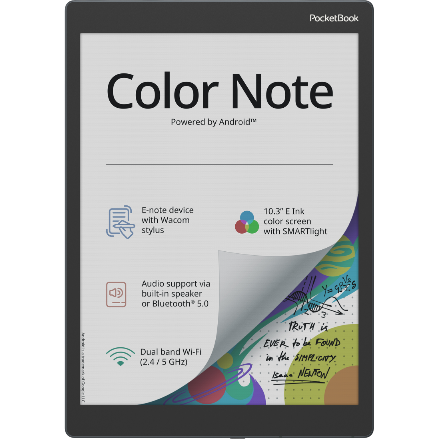 Een tablet met 'Color Note'. Kenmerken: E-ink scherm, Wacom stylus, dual-band Wi-Fi en luidspreker.