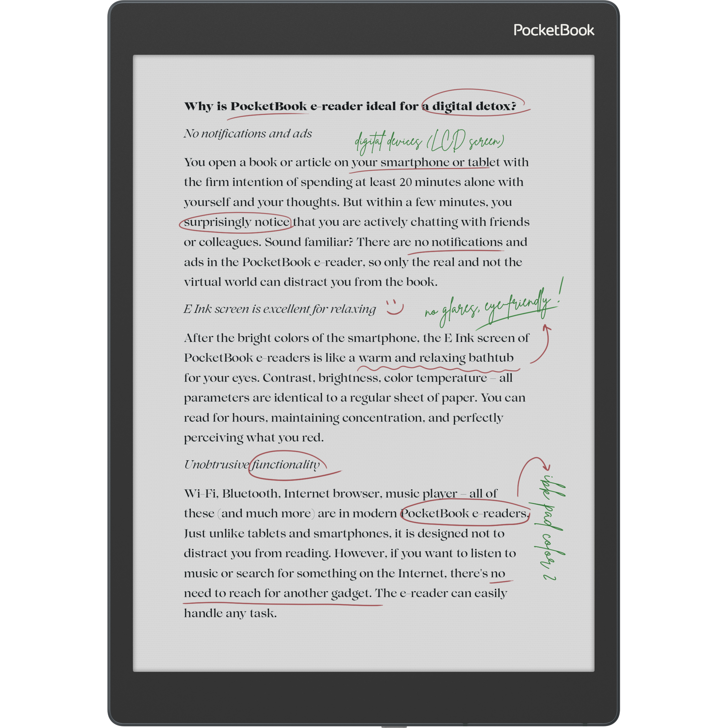 E-reader met tekst, annotaties en een zwarte lijst op een witte achtergrond.