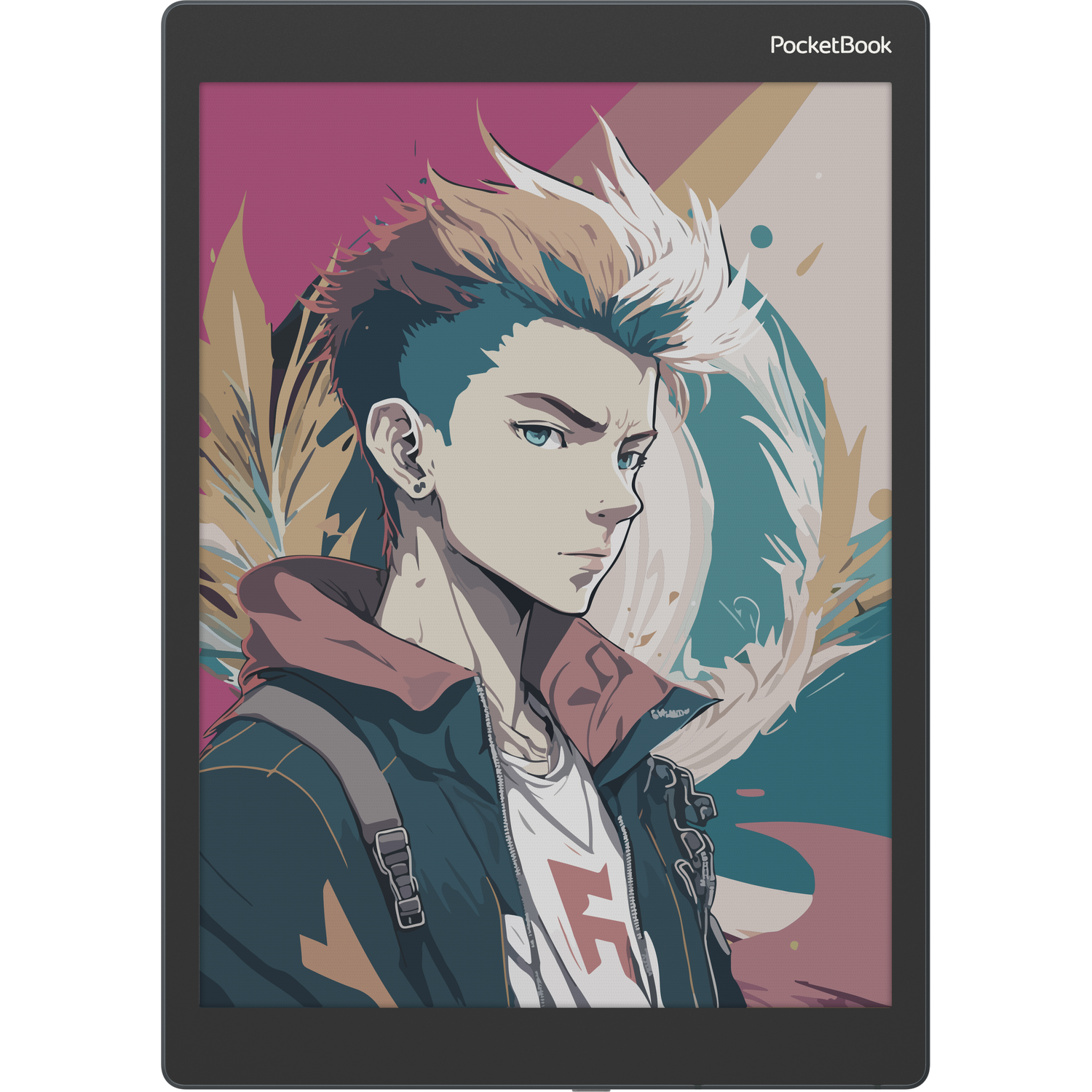 E-reader met anime-achtige illustratie van een jonge man. Zwarte rand.