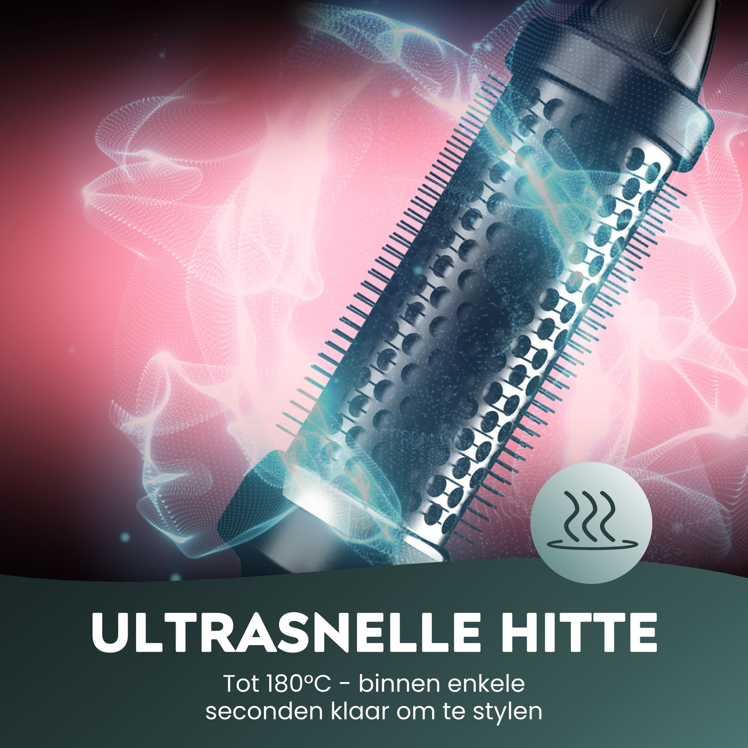 Hair styling brush with text "ULTRASNELLE HITTE" on pink background.