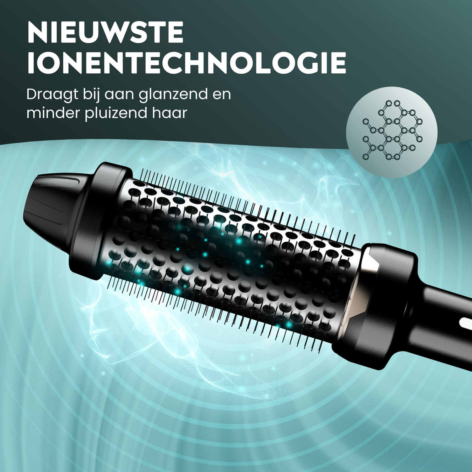 Close-up of a black hair styling brush with text: Newest Ion Technology. A glowing design is in the background.