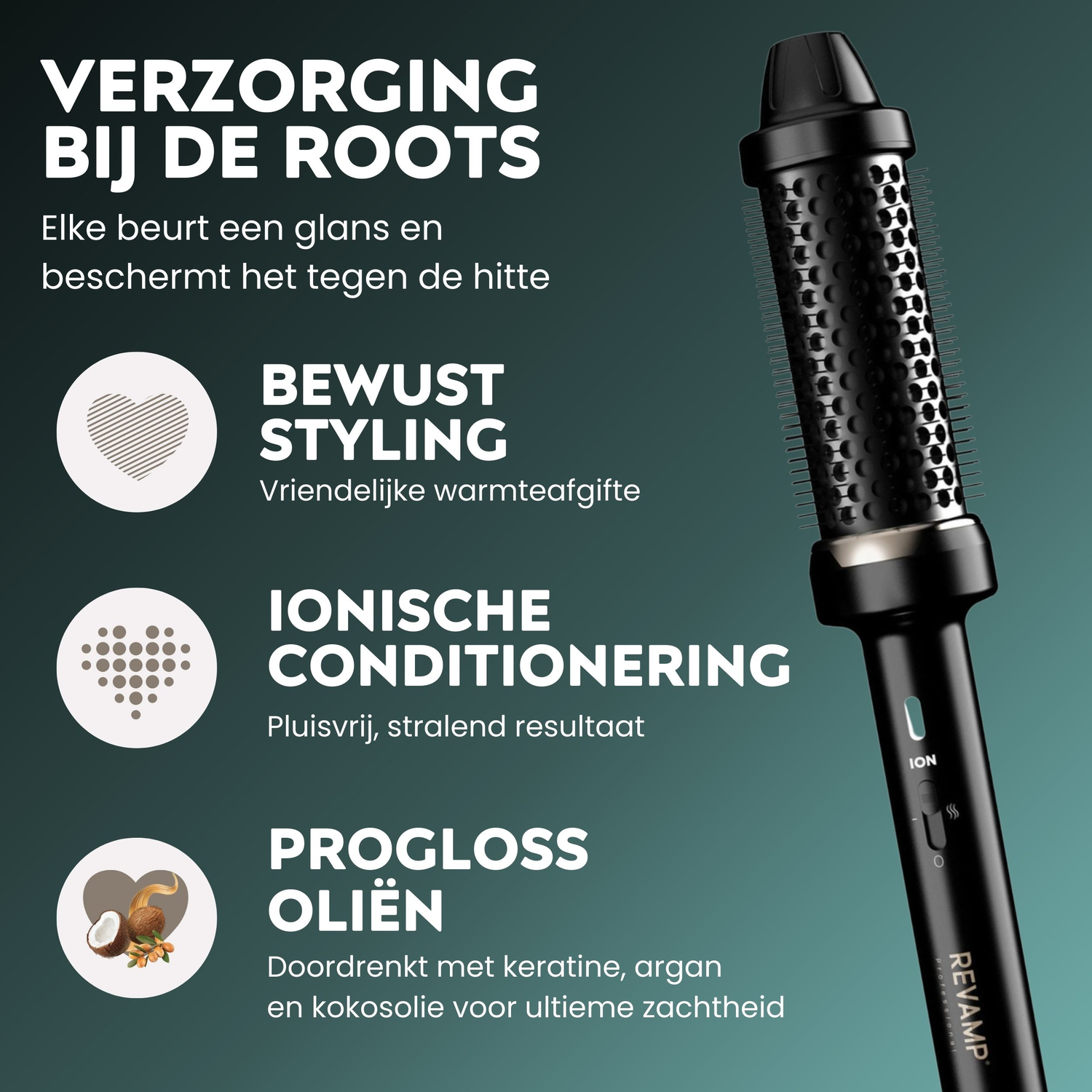 A hair styling tool with text about the benefits. It has ceramic, argan, and coconut oils.