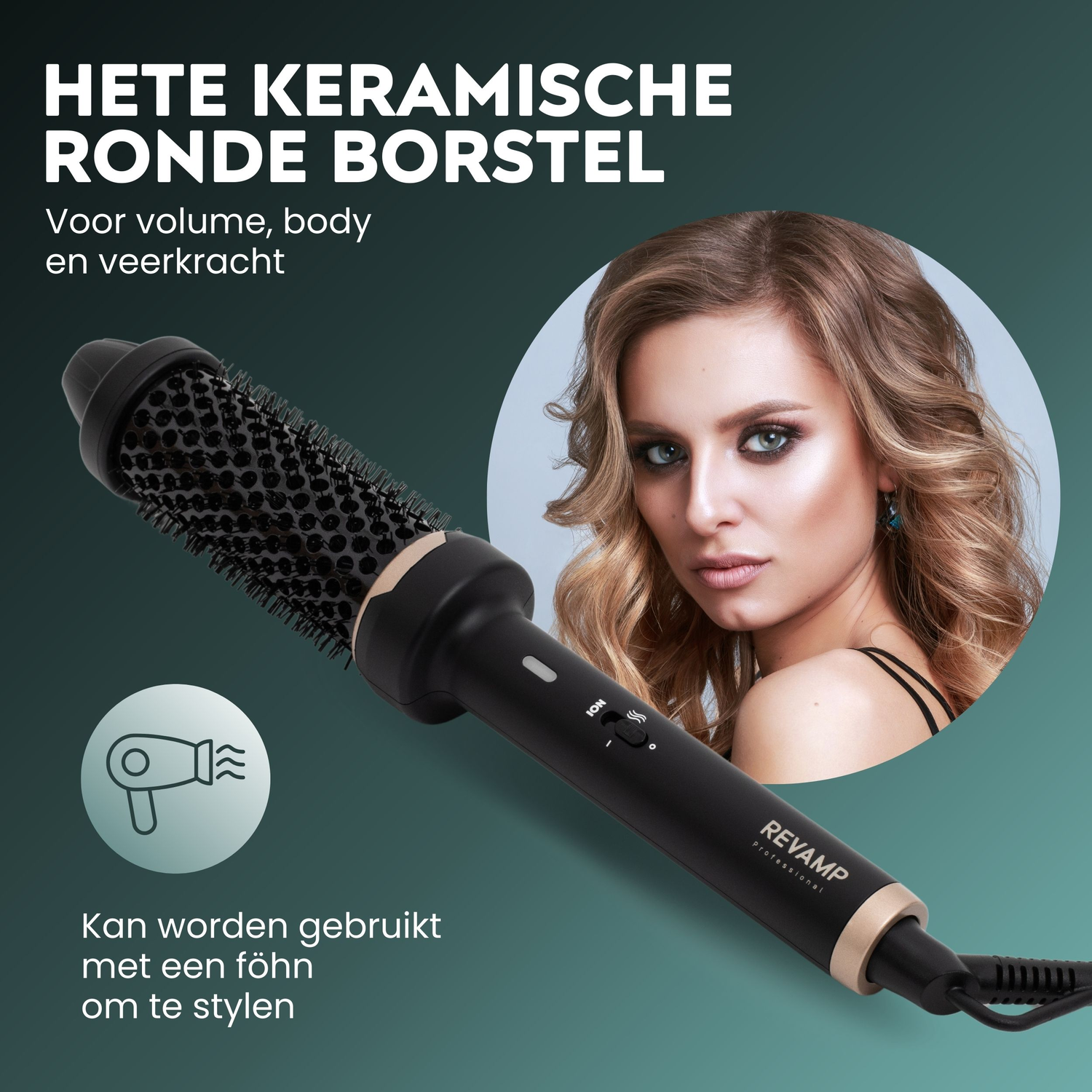 Hair styling product and a woman's face. Black and gold hair curler is visible.