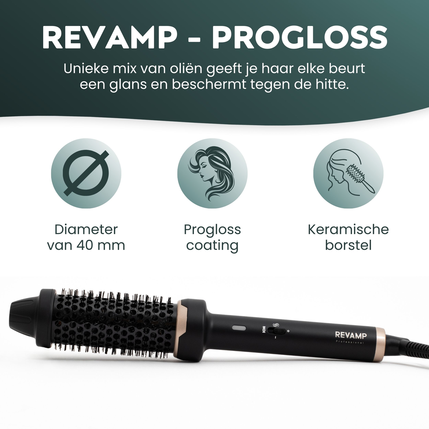 A Revamp Progloss rotating hair styling brush, black and gold.