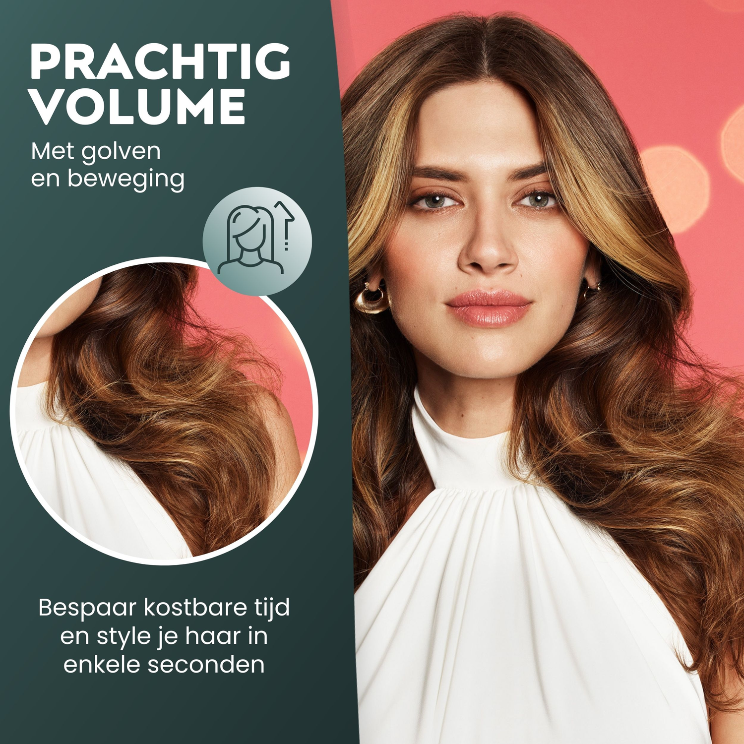 Woman with styled hair. Text: Prachtig Volume, Met golven en beweging, Bespaar kostbare tijd.