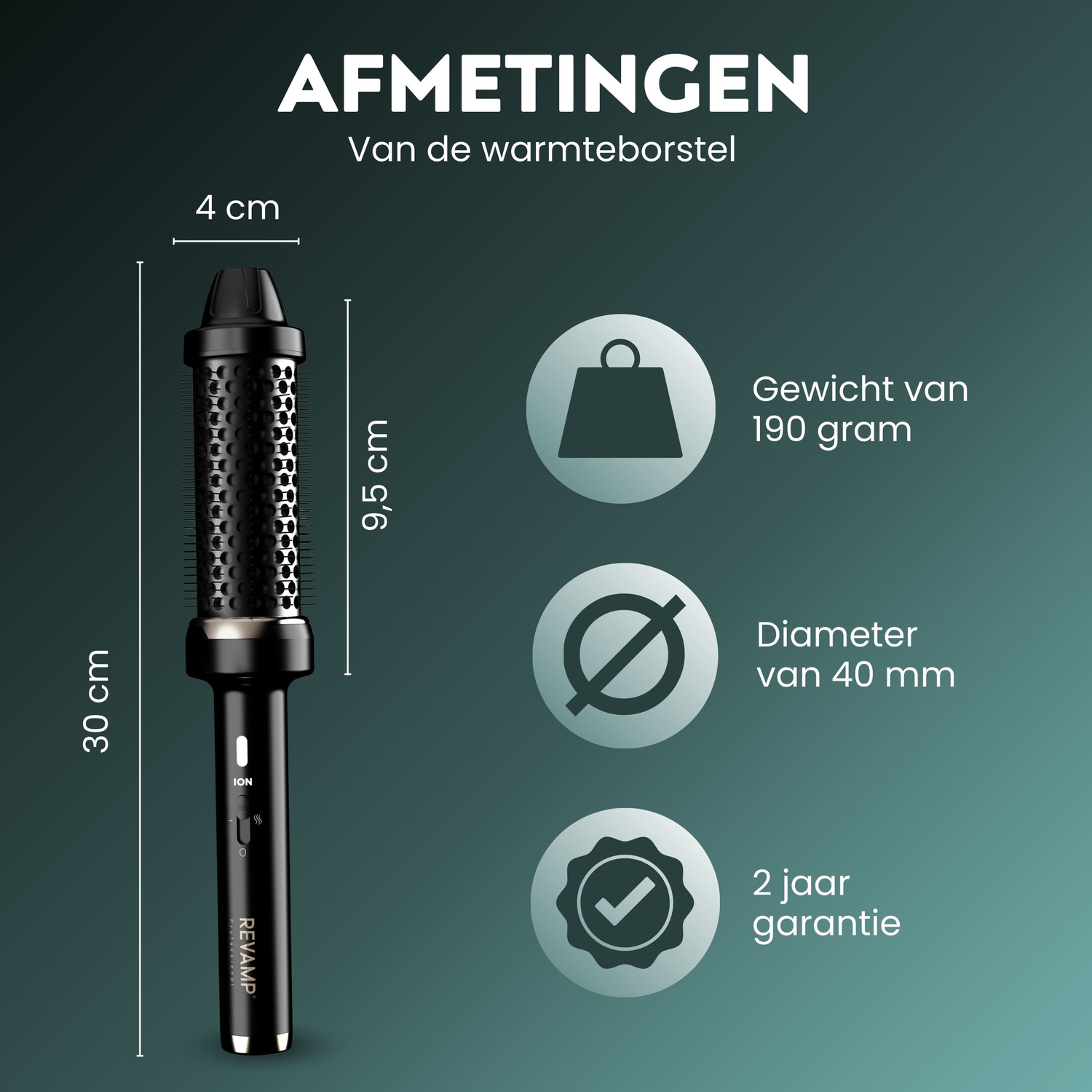 Black Revamp hair styling brush with dimensions and warranty information on a teal background.